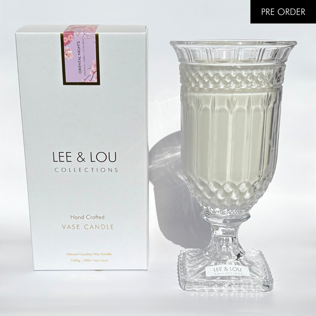 Oriental Nights (Magnolia | Myrrh | Tonka Bean) - Crystal Vase Candle | 200hr Burn **PRE ORDER**